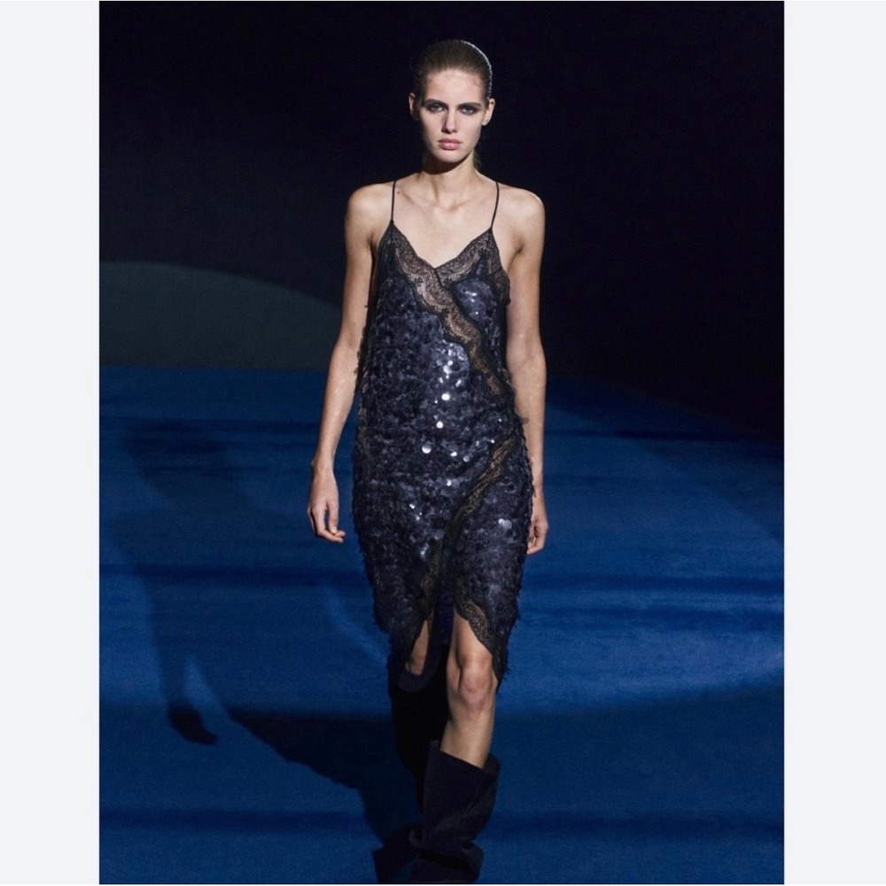 Zara Limited Edition Sequin Lace Midi Dress Charcoal Grey Black Evening Party S